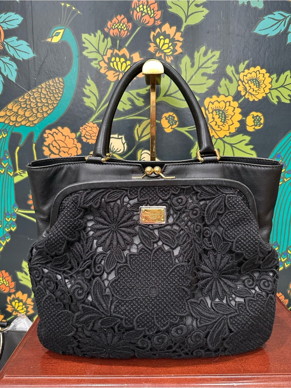 Dolce & Gabbana Black Floral Lace Leather Satchel Leopard Lined | Italy with COA - Picture 3 of 15